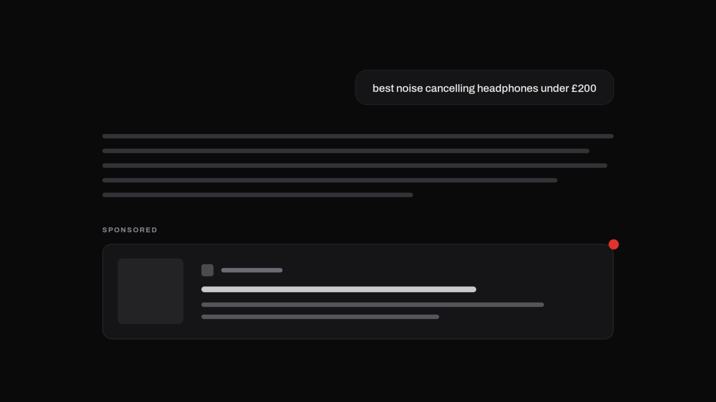 Diagram of a ChatGPT response with a single sponsored unit below it, and the surrounding conversation left unmeasured